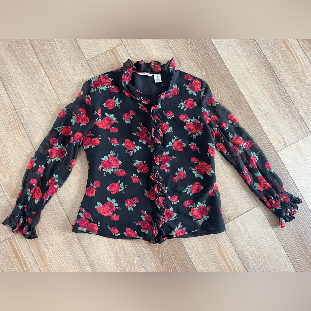 Laura Ashley Floral Rose ruffle Silk blouse with sheer sleeves Size 6